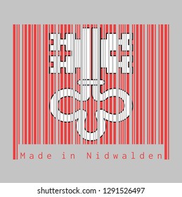 Barcode set the color of Nidwalden flag, The canton of Switzerland with text Made in Nidwalden. concept of sale or business.