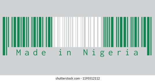 Barcode set the color of Nigeria flag, it is A vertical bicolor triband of green, white and green. text: Made in Nigeria. concept of sale or business.