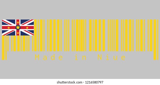 Barcode set the color of Niue flag, A golden yellow flag with the Union Jack in the upper left with star, text: Made in Niue, concept of sale or business.
