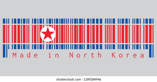 Barcode set the color of North Korea flag, horizontal red white and blue, red star within a white circle. text: Made in North Korea. concept of sale or business.