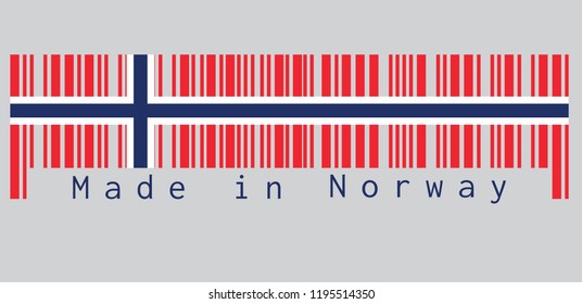 Barcode set the color of Norway flag, a white-fimbriated blue Nordic cross on a red field, text: Made in Norway concept of sale or business.