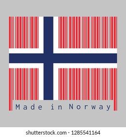 Barcode set the color of Norway flag, a white-fimbriated blue Nordic cross on a red field, text: Made in Norway concept of sale or business.