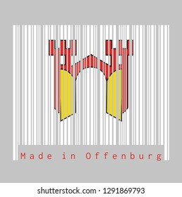 Barcode set the color of Offenburg flag, it is in Baden-Wurttemberg, Germany. with text Made in Offenburg. concept of sale or business.