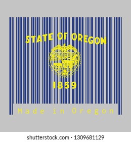 Barcode set the color of Oregon flag, Seal of Oregon in gold on an azure field. Above the seal the text State of Oregon. text: Made in Oregon. concept of sale or business.