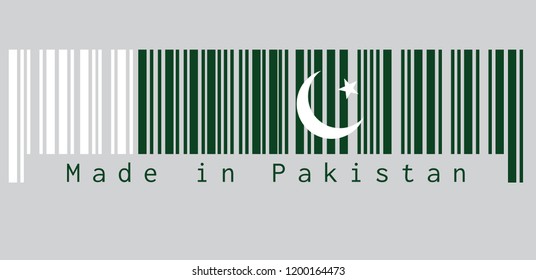 Barcode Set The Color Of Pakistan Flag, White Star And Crescent On A Dark Green Field, With A Vertical White Stripe At The Hoist. Text: Made In Pakistan, Concept Of Sale Or Business.