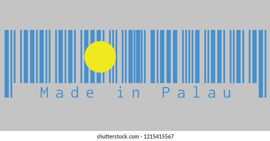 Barcode set the color of Palau flag, A light blue field with the large yellow disk shifted slightly to the hoist-side of center. text: Made in Palau, concept of sale or business.