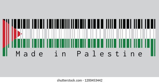 Barcode set the color of Palestine flag, a horizontal tricolor of black, white, and green; with a red triangle based at the hoist. text: Made in Palestine, concept of sale or business.