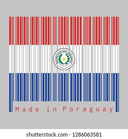 Barcode set the color of Paraguay flag, a horizontal triband of red white and blue, with the coat of arms of Paraguay. text: Made in Paraguay, concept of sale or business.