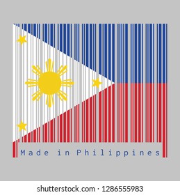 Barcode set the color of Philippines flag, horizontal blue and red with white triangle, gold stars and gold sun on the white. text: Made in Philippines. concept of sale or business.