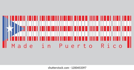Barcode set the color of Puerto Rico flag, horizontal white and red bands with isosceles triangle based on the hoist side and white star. text: Made in Puerto Rico.