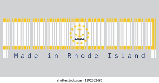 Barcode set the color of Rhode Island flag, Gold anchor, surrounded by 13 gold stars on white. A blue ribbon below the anchor contains the text "hope".text: Made in Rhode Island.