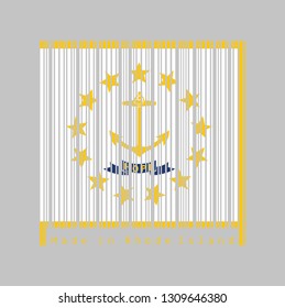 Barcode set the color of Rhode Island flag, Gold anchor, surrounded by 13 gold stars on white. A blue ribbon below the anchor contains the text "hope". text: Made in Rhode Island.