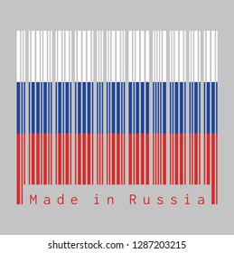 Barcode set the color of Russia flag, three equal horizontal fields of white blue and red with text: Made in Russia. concept of sale or business.