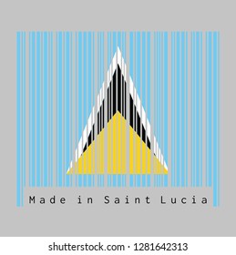 Barcode set the color of Saint Lucia flag, A light blue field with golden black and white triangle. text: Made in Saint Lucia. concept of sale or business.