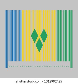 Barcode set the color of Saint Vincent flag, blue gold and green with three green diamonds arranged in the V. text: Made in Saint Vincent. concept of sale or business.