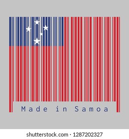 Barcode set the color of Samoa flag, A red field with the blue rectangle and white star. text: Made in Samoa, concept of sale or business.