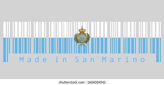 Barcode set the color of San marino flag, a horizontal bicolour of white and light blue; charged with the Coat of arms in the centre. text: Made in San marino. Concept of sale or business.