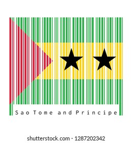 Barcode set the color of Sao Tome and Principe, green yellow and green with a red triangle and two black stars. text: Made in Sao Tome and Principe.