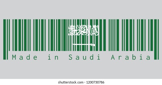 Barcode set the color of Saudi Arabia flag, a green field with the Shahada or Muslim creed written in the Thuluth script in white above a horizontal saber. text: Made in Saudi Arabia.