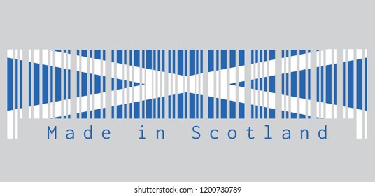 Barcode set the color of Scotland flag, it is a blue field with a white diagonal cross that extends to the corners. text: Made in Scotland, concept of sale or business.