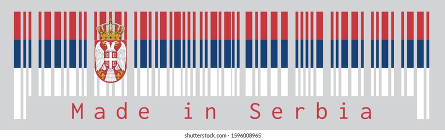 Barcode set the color of Serbian flag, a horizontal tricolor of red blue and white; charged with the lesser Coat of arms left of center. text: Made in Serbia. Concept of sale or business.