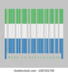 Barcode set the color of Sierra leonean flag, A horizontal tricolor of light green, white and light blue. text: Made in Sierra leone, concept of sale or business.