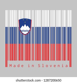 Barcode set the color of Slovenian flag, White blue and red, charged with the Coat of arms at the hoist side. text: Made in Slovenia, concept of sale or business.