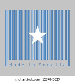 Barcode set the color of Somalian flag, a single white five-pointed star centered on a light blue field. text: Made in Somalia, concept of sale or business.