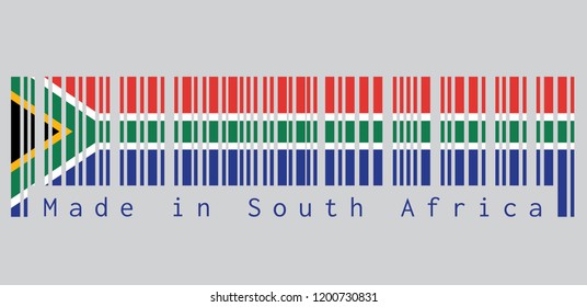 Barcode set the color of South African flag, red and blue with a black triangle, white and green horizontal Y and gold against the triangle. text: Made in South Africa.