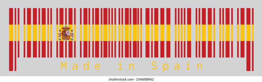 Barcode set the color of Spanish flag, a horizontal of red yellow and red; charged with the Spanish coat of arms left of center. text: Made in Spain. Concept of sale or business.