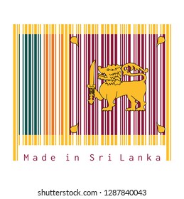 Barcode set the color of Sri Lankan flag, four color of green orange yellow and dark red with golden lion. text: Made in Sri Lanka, concept of sale or business.