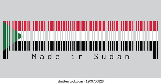 Barcode set the color of Sudanese flag, red white and black; with a green triangle based at the hoist. text: Made in Sudan, concept of sale or business.