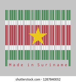 Barcode set the color of Surinamer flag, green and red with large white border with the large yellow star centered on the red band. text: Made in Suriname, concept of sale or business.