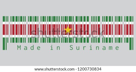 Barcode set the color of Surinamer flag, green and red with large white border with the large yellow star centered on the red band. text: Made in Suriname, concept of sale or business.