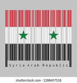 Barcode set the color of Syrian flag, A horizontal tricolor of red white and black with two green stars at the centre. text: Made in Syrian Arab Republic, concept of sale or business.