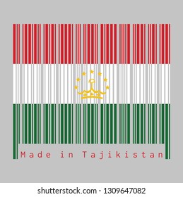 Barcode set the color of Tajikistan flag, red white and green; charged with a crown surmounted by an arc of seven stars. text: Made in Tajikistan, concept of sale or business.