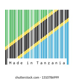 Barcode set the color of Tanzanian flag, A yellow-edged black diagonal band: the green triangle and blue triangle. text: Made in Tanzania, concept of sale or business.