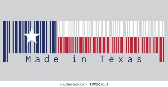 Barcode set the color of Texas flag, blue containing a single centered white star. The remaining field is divided horizontally into a white and red bar. text: Made in Texas.