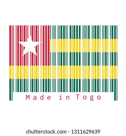 Barcode set the color of Togolese flag, Five equal horizontal bands of green alternating with yellow; with a red canton bearing a white star. text: Made in Togo, concept of sale or business.