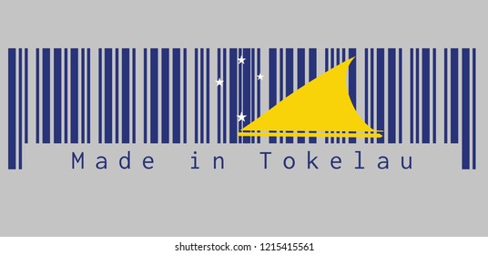 Barcode set the color of Tokelau flag, A light blue field with the large yellow disk shifted slightly to the hoist-side of center. text: Made in Tokelau, concept of sale or business.