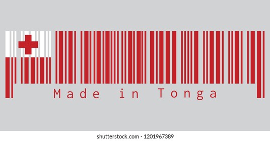 Barcode set the color of Tonga flag, A red field with the white rectangle on the upper hoist-side corner bearing the red Greek Cross. text: Made in Tonga, concept of sale or business.