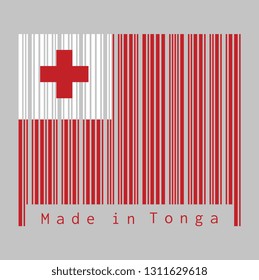 Barcode set the color of Tonga flag, A red field with the white rectangle on the upper hoist-side corner bearing the red Greek Cross. text: Made in Tonga, concept of sale or business.