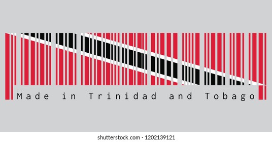 Barcode set the color of Trinidadian flag, A red field with a white-edged black diagonal band. text: Made in Trinidad and Tobago, concept of sale or business.