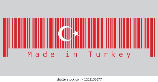 Barcode set the color of Turkey flag, a red field with a white star and crescent slightly left of center. text: Made in Turkey, concept of sale or business.
