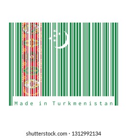 Barcode set the color of Turkmen flag, green field with red stripe containing five carpet guls stacked above two crossed olive branches; crescent and stars. text: Made in Turkmenistan.