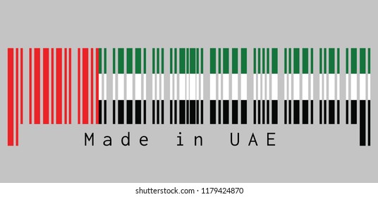 Barcode set the color of UAE flag, horizontal tricolor of green, white and black with a vertical red, text: Made in UAE. concept of sale or business.