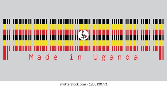 Barcode set the color of Uganda flag, black yellow and red ; a white disc depicts the national symbol, a grey crowned crane. text: Made in Saint Uganda. concept of sale or business.