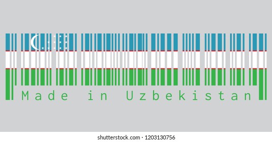 Barcode set the color of Uzbekistan flag, blue white and green stripes, separated by two narrow red stripes. A crescent and three rows of twelve stars. text: Made in Uzbekistan.