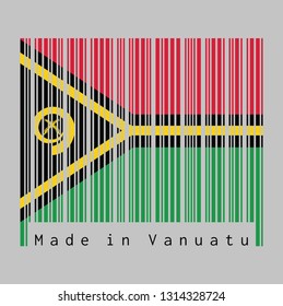 Barcode set the color of Vanuatu flag, red and green with black and yellow color boar's tusk encircling two crossed fern fronds in the center and the golden pall. text: Made in Vanuatu.