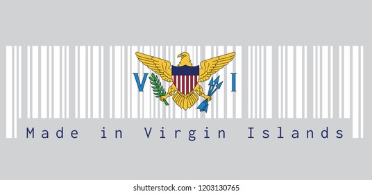 Barcode set the color of Virgin Islands flag, the coat of arms of the United States between the letters V and I. text: Made in Virgin Islands. concept of sale or business.